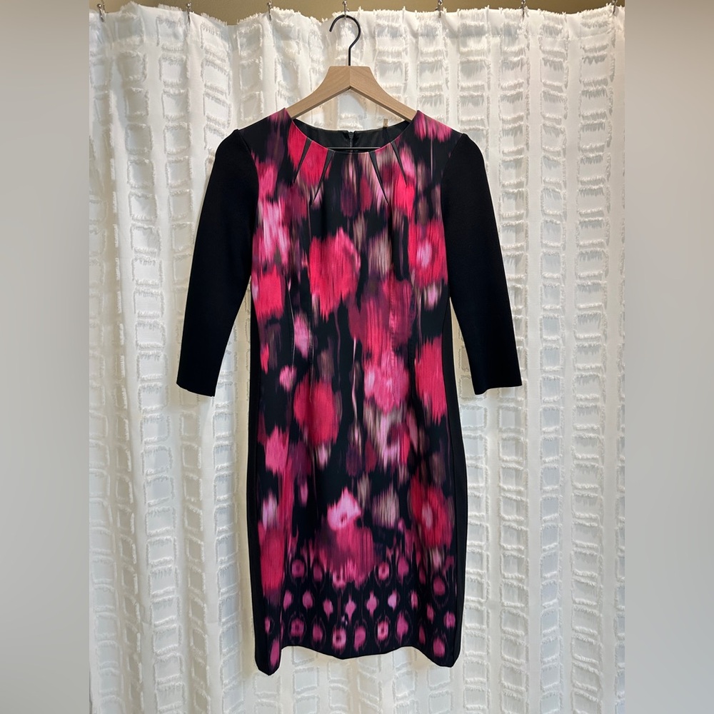 Vibrant Pink and Black Sheath Dress with 3/4 Sleeves for Cocktail